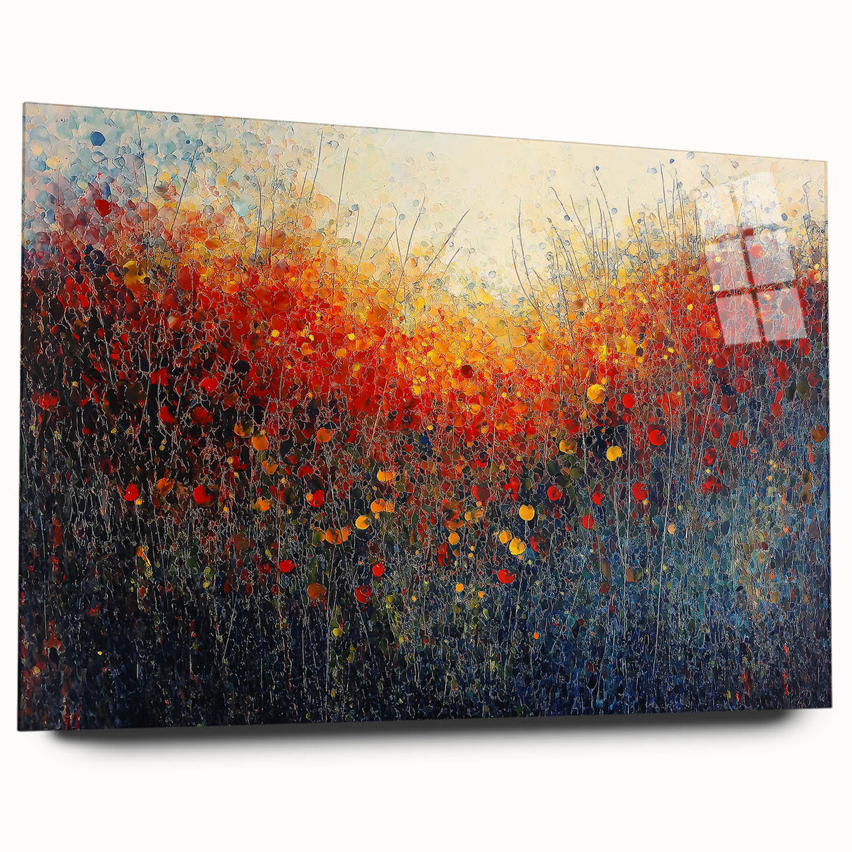 Abstract floral acrylic artwork displayed on glass, showcasing vibrant colors and intricate designs, perfect for modern home decor. Side view highlights depth and texture.
