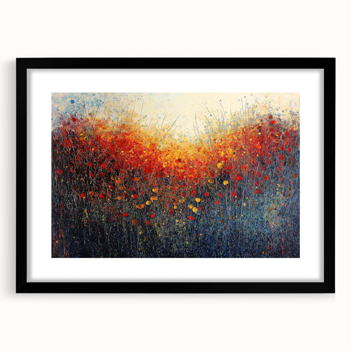 Abstract floral design framed in matte black, showcasing vibrant colors and intricate patterns, ideal for modern home decor. Perfect for adding elegance to any space.