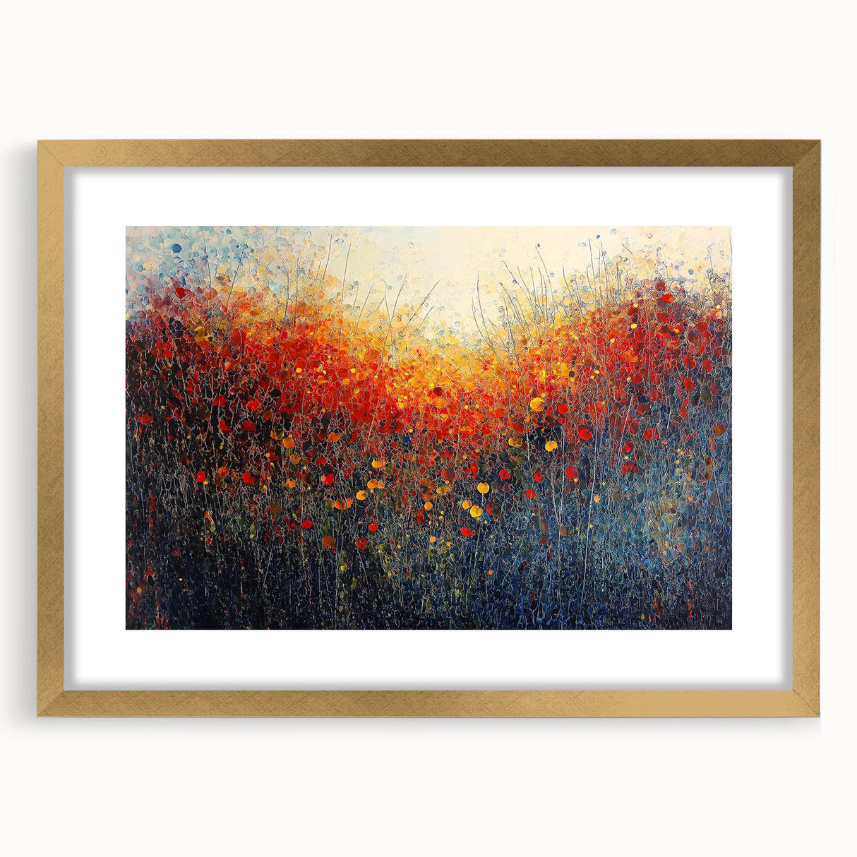Abstract floral art frame featuring intricate gold matting, showcasing vibrant colors and elegant design, perfect for enhancing modern home decor aesthetics.