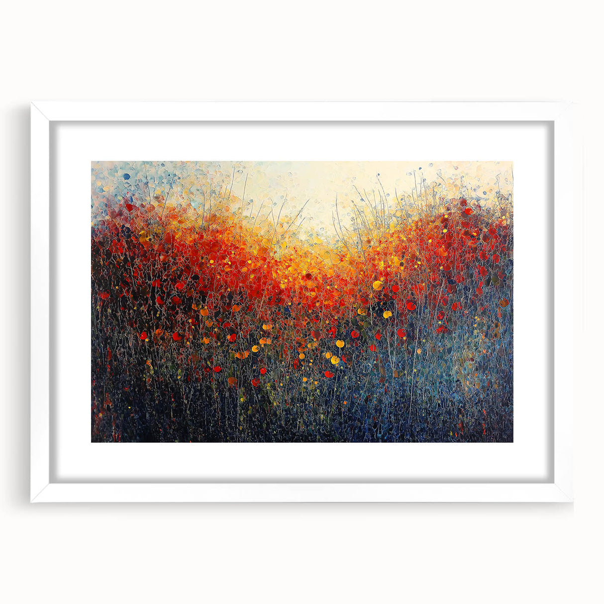 Abstract floral frame design with a white mat, showcasing vibrant colors and intricate patterns, perfect for modern home decor or art displays.