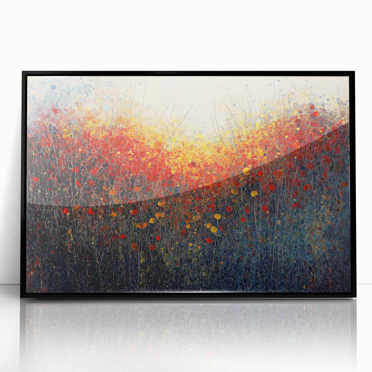 Framed abstract floral artwork in vibrant colors, featuring intricate designs and a sleek black frame, perfect for modern home decor and adding elegance to any space.
