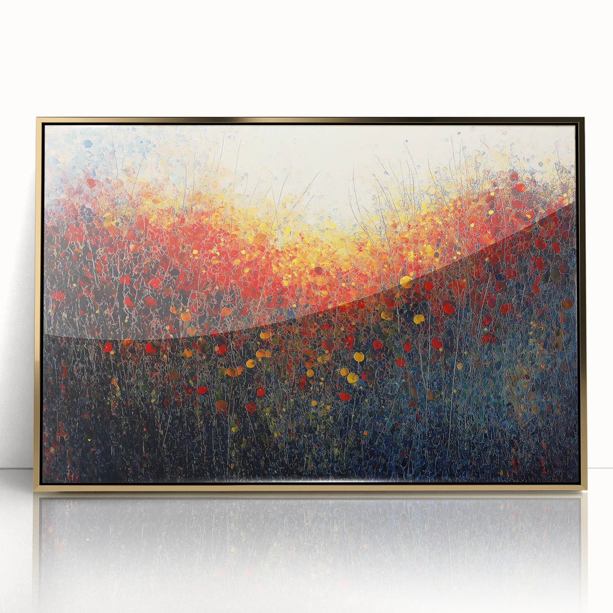 Framed acrylic artwork showcasing an abstract floral design in vibrant colors with a gold frame, perfect for modern home decor and artistic styling.