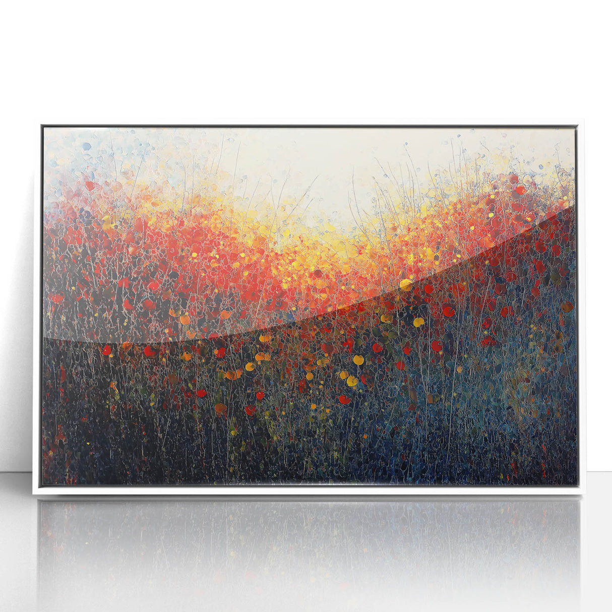 Framed acrylic artwork showcasing a vibrant abstract floral design in shades of pink, green, and blue, set in a sleek white frame, perfect for modern decor.