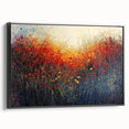 Framed abstract floral canvas art showcasing vibrant colors and intricate designs, set against a sleek black frame, offering a contemporary decor piece. Ideal for enhancing modern living spaces or art collections.