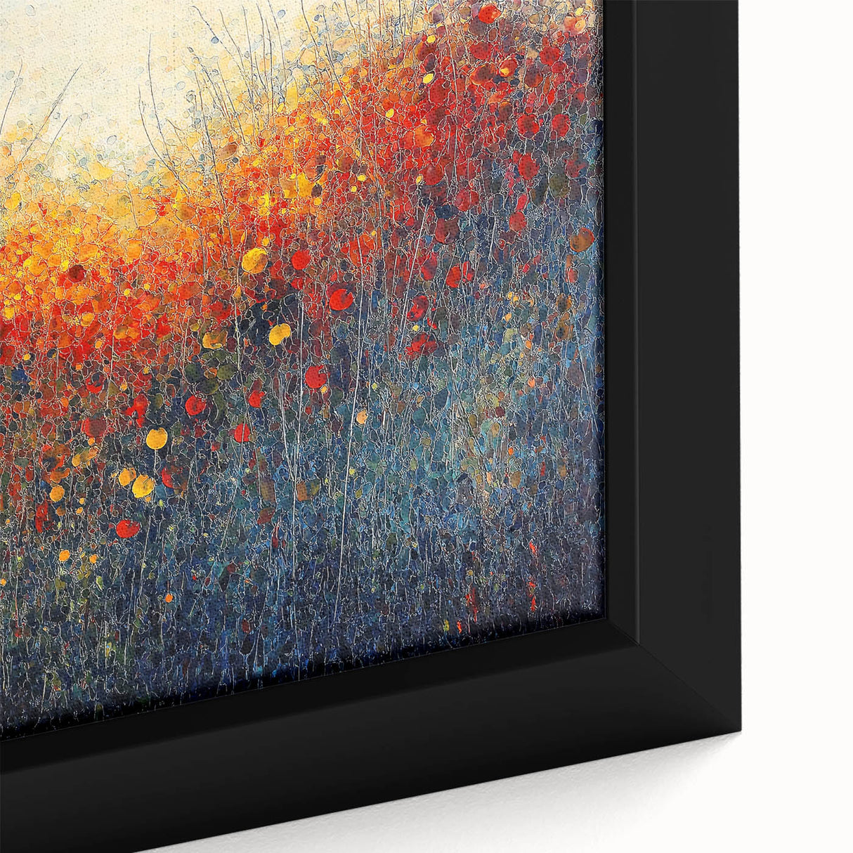 Abstract floral design in vibrant colors, featuring intricate brushstrokes and textures, displayed in a close-up view of a framed canvas artwork. Ideal for modern home decor or art enthusiasts seeking a colorful accent piece.