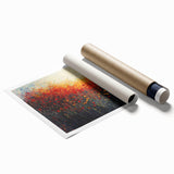 Vibrant abstract floral rolled print showcasing a blend of colorful blooms and intricate patterns, perfect for home decor, packaged securely in a cardboard tube.