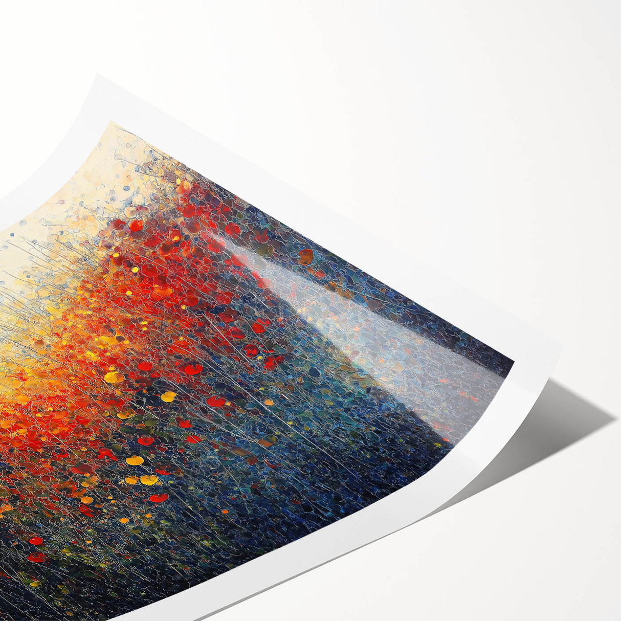 Abstract floral rolled print showcasing vibrant colors and intricate patterns, ideal for home decor. Packaged securely in a sturdy cardboard tube for delivery.