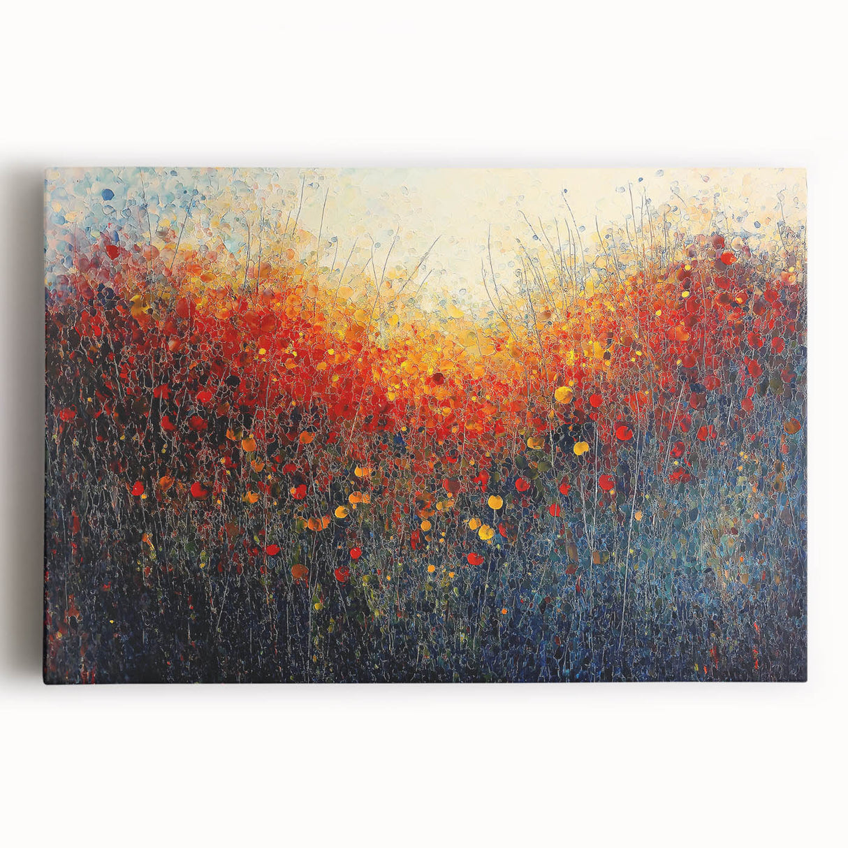 Vibrant abstract floral wall art on stretched canvas, showcasing bold colors and intricate designs, perfect for modern home decor or art enthusiasts.