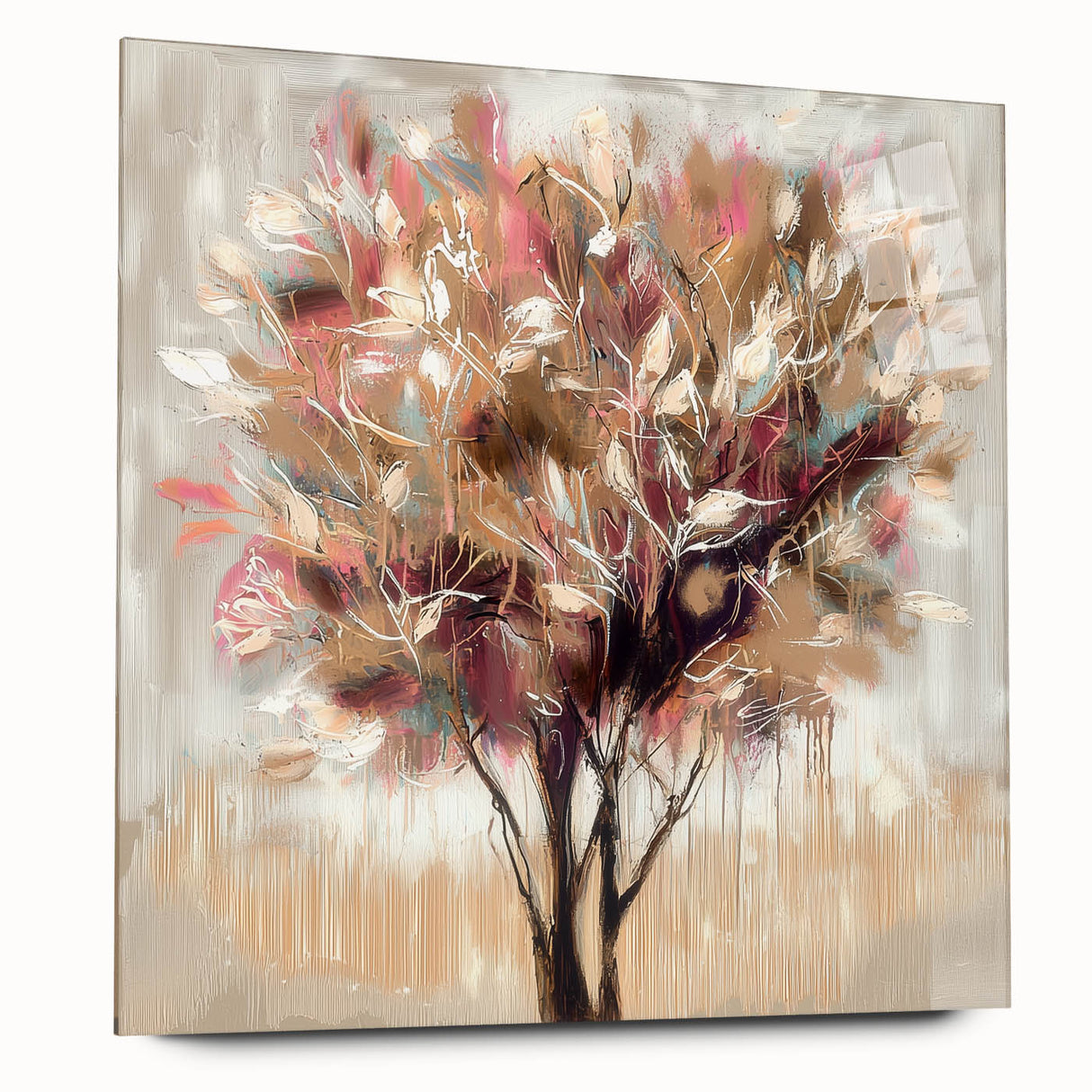 Abstract floral design in vibrant colors on an acrylic glass panel, showcasing intricate patterns and a sleek side view, perfect for modern decor.