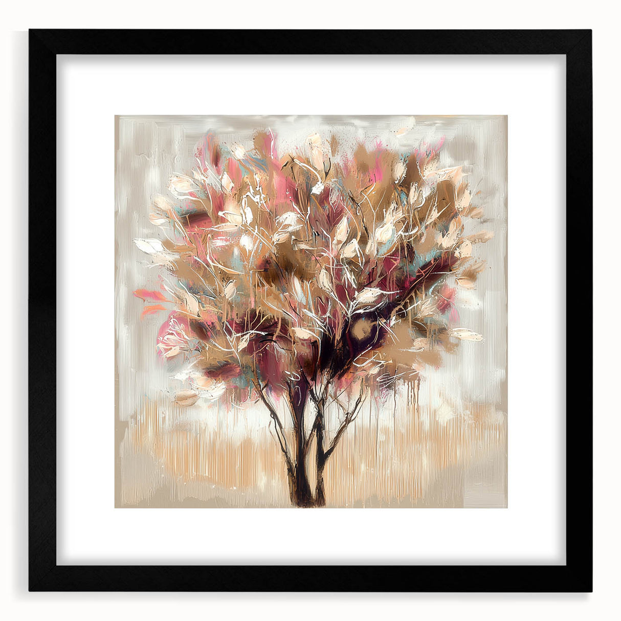 Abstract floral artwork framed in a sleek black mat, showcasing vibrant colors and intricate details, perfect for modern home decor or office spaces.