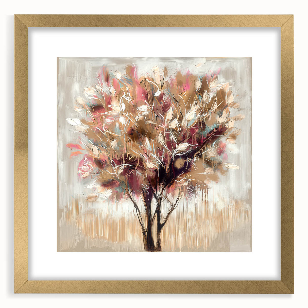 Elegant abstract floral frame with a gold mat, showcasing a vibrant design featuring colorful blossoms and leafy patterns, perfect for modern home decor.