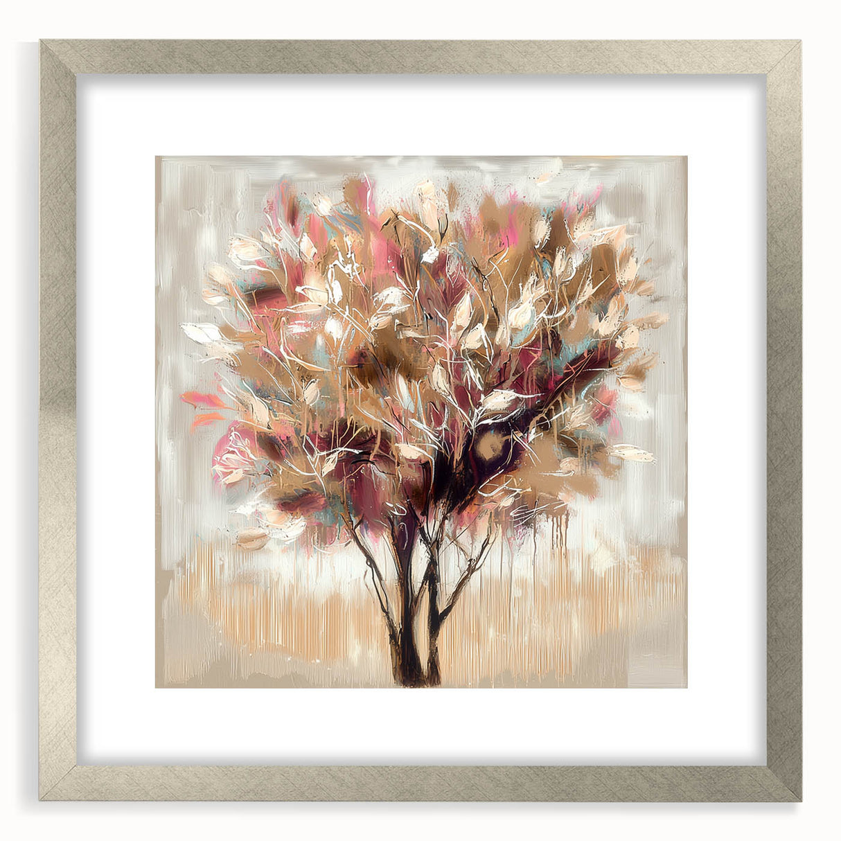 Abstract floral design framed in silver with a mat, showcasing vibrant colors and intricate patterns, ideal for modern home decor. Perfect for adding elegance to any room.