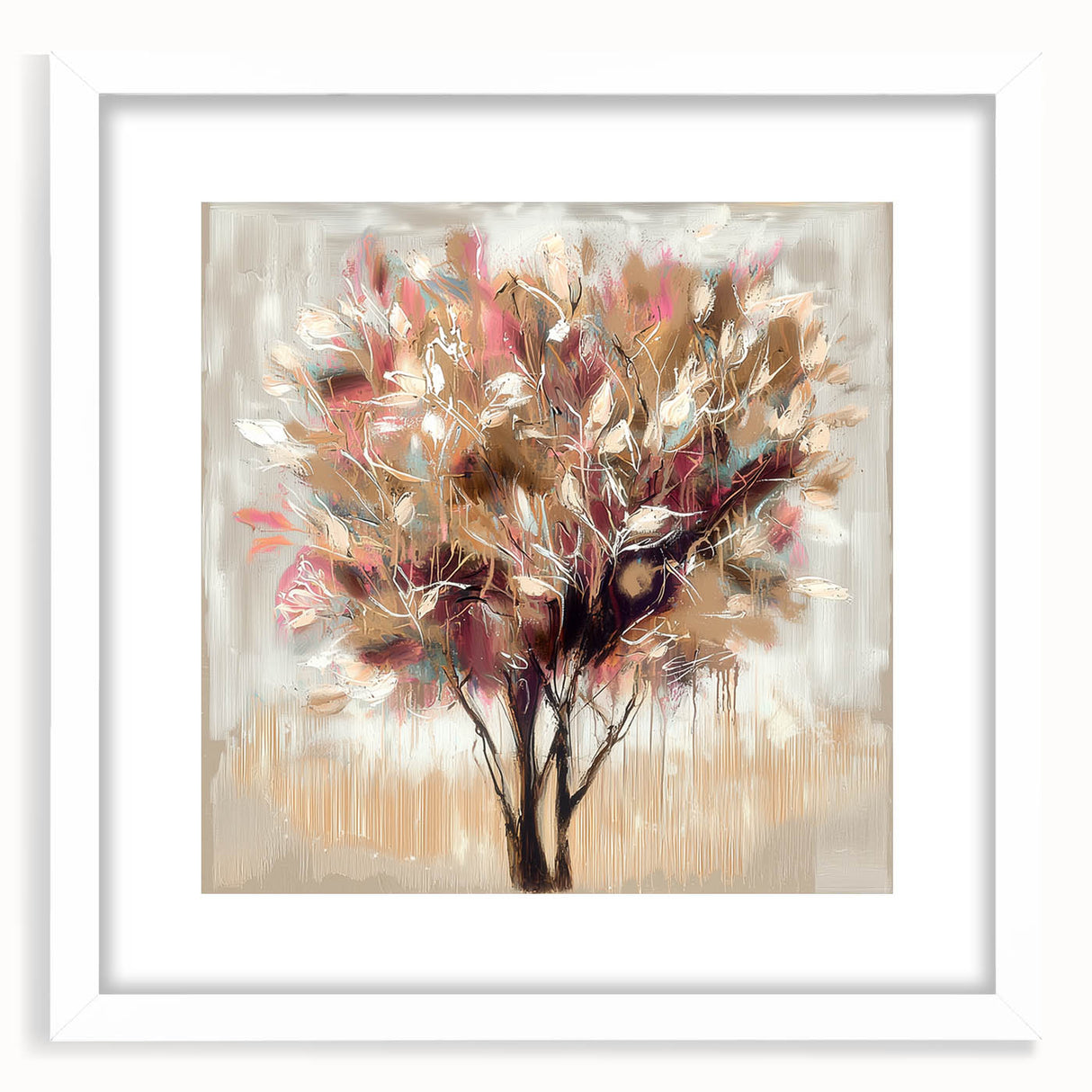 Elegant abstract floral frame with a white mat, showcasing a vibrant blend of colors and intricate patterns, ideal for modern home decor or art collection.