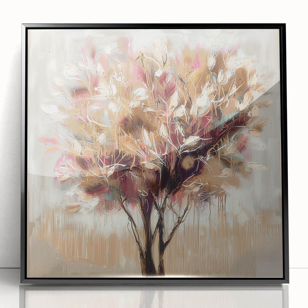 Framed acrylic wall art featuring abstract floral designs in vibrant colors, set against a sleek black frame, perfect for modern home decor.