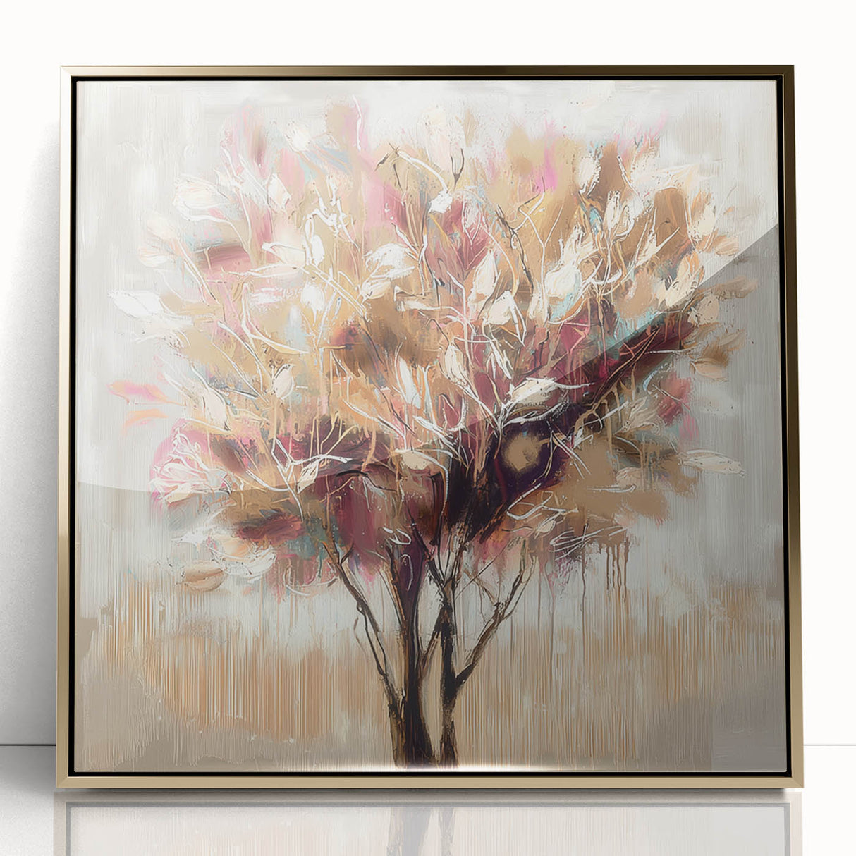 Framed acrylic artwork showcasing vibrant abstract floral designs in gold and pastel colors, perfect for modern home decor or office aesthetics.