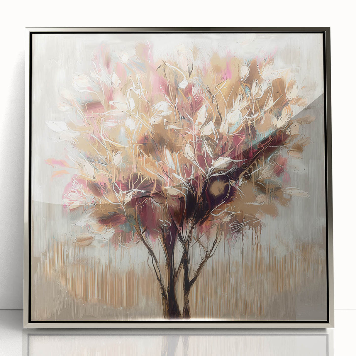 Framed acrylic artwork showcasing an elegant abstract floral design in vibrant colors, set against a sleek silver frame, ideal for modern home decor.