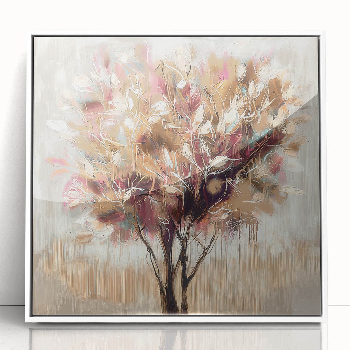 Framed acrylic artwork showcasing vibrant abstract floral designs in a white frame, perfect for modern home decor and adding a pop of color to any room.