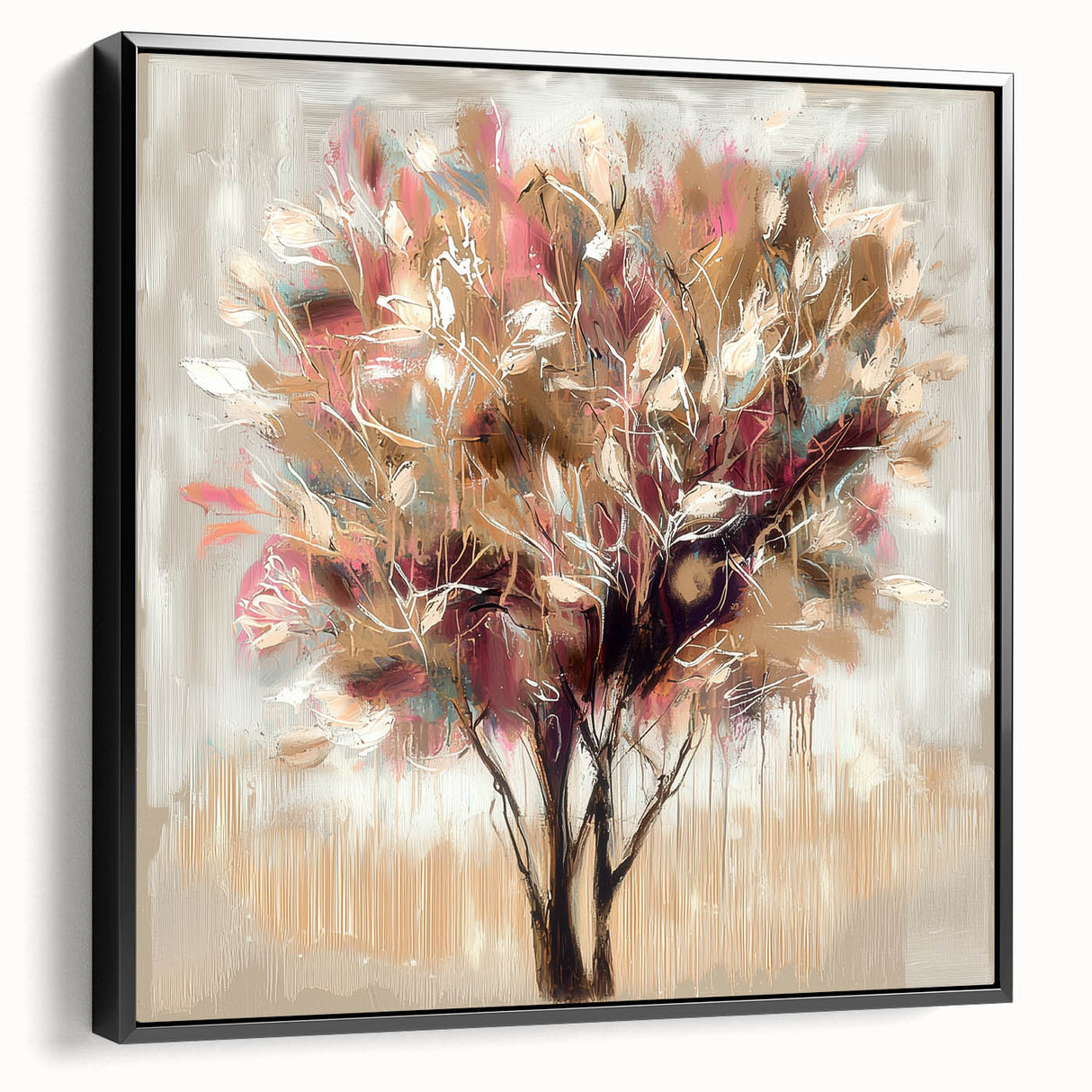 Framed canvas artwork showcasing an abstract floral design with vibrant colors and intricate details, presented from a black side view, perfect for modern home decor.