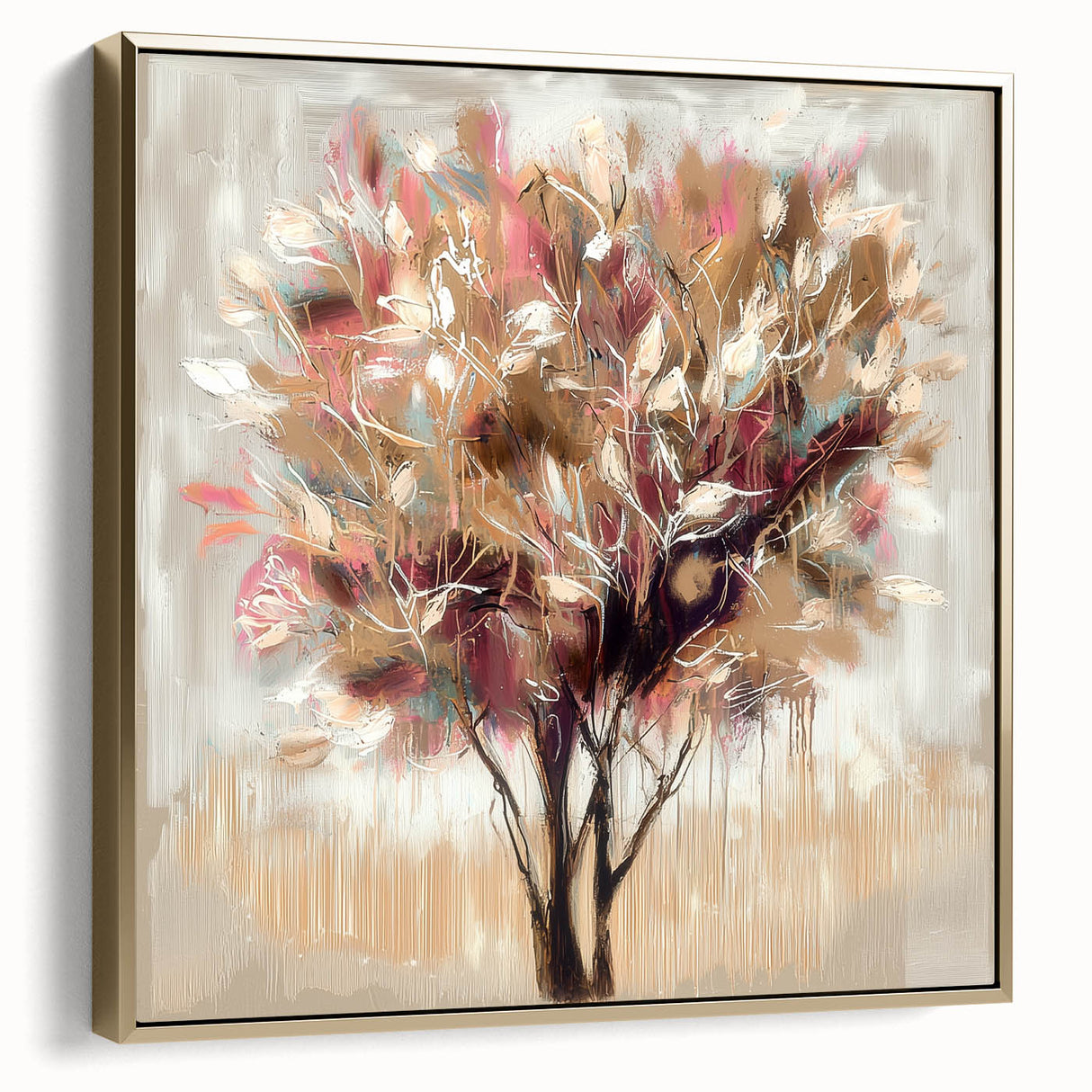 Framed canvas artwork showcasing a vibrant abstract floral design in silver and gold, set against a neutral background, perfect for modern home decor. This piece adds elegance and sophistication to any room with its striking colors and artistic flair.