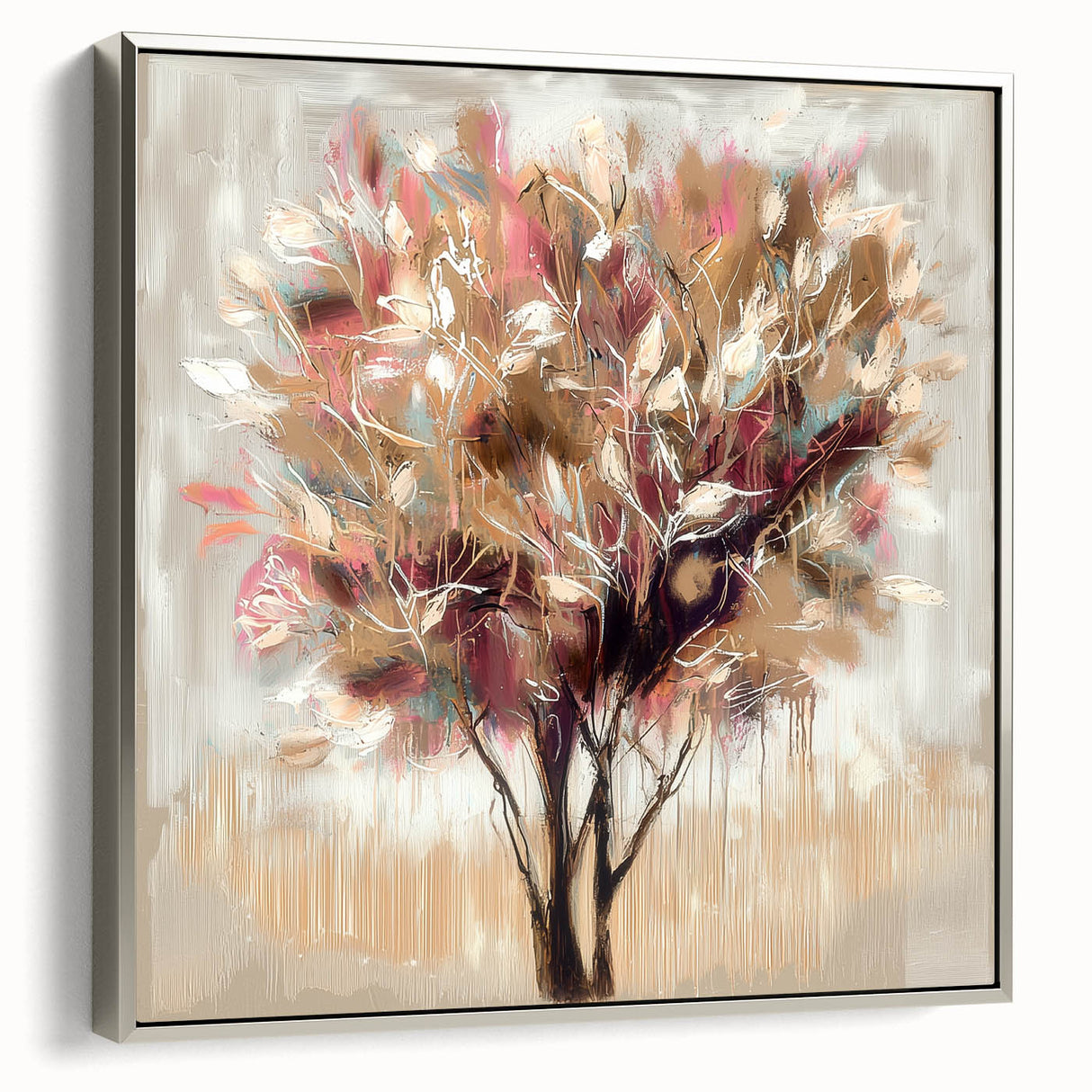 Framed canvas artwork showcasing abstract floral designs in vibrant colors, elegantly bordered with a silver frame, perfect for modern home decor.