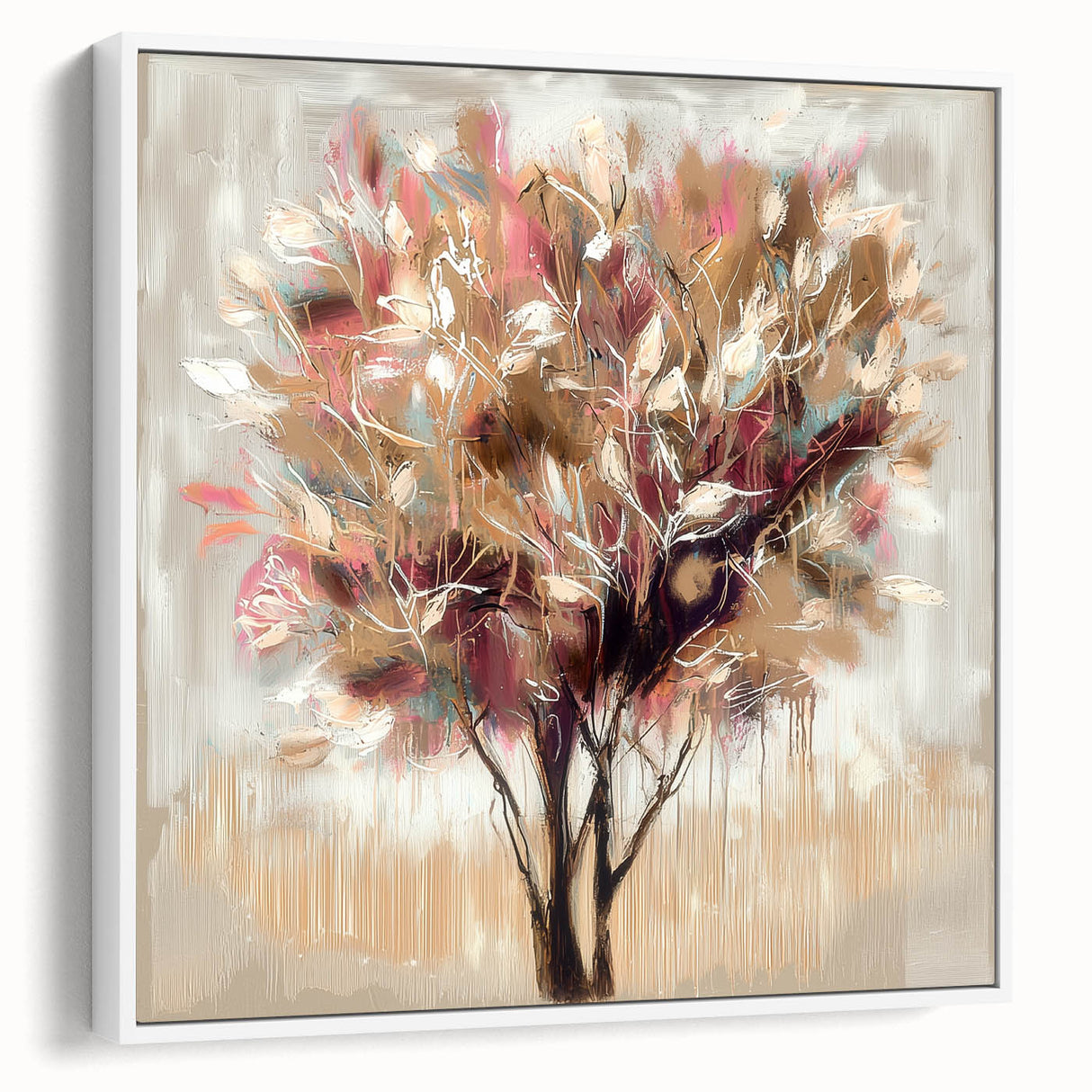 Framed canvas artwork showcasing vibrant abstract florals in pastel colors, set against a white background, offering a modern and elegant home decor accent.