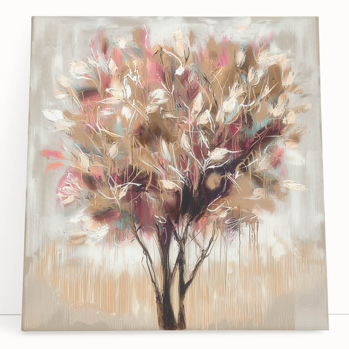 Vibrant abstract floral stretched canvas artwork featuring an array of colorful blooms in shades of pink, blue, and green, elegantly leaning against a neutral background, perfect for modern home decor.