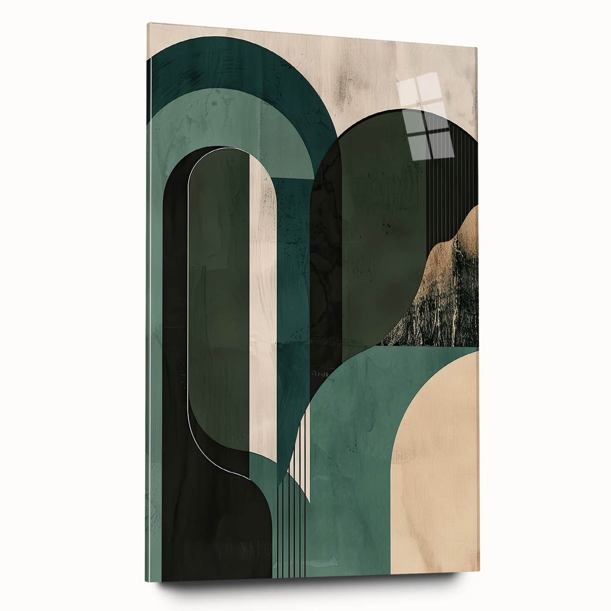Abstract minimalist wall art design displayed in a sleek acrylic glass frame, showcasing fluid shapes and soft colors, ideal for modern home decor.