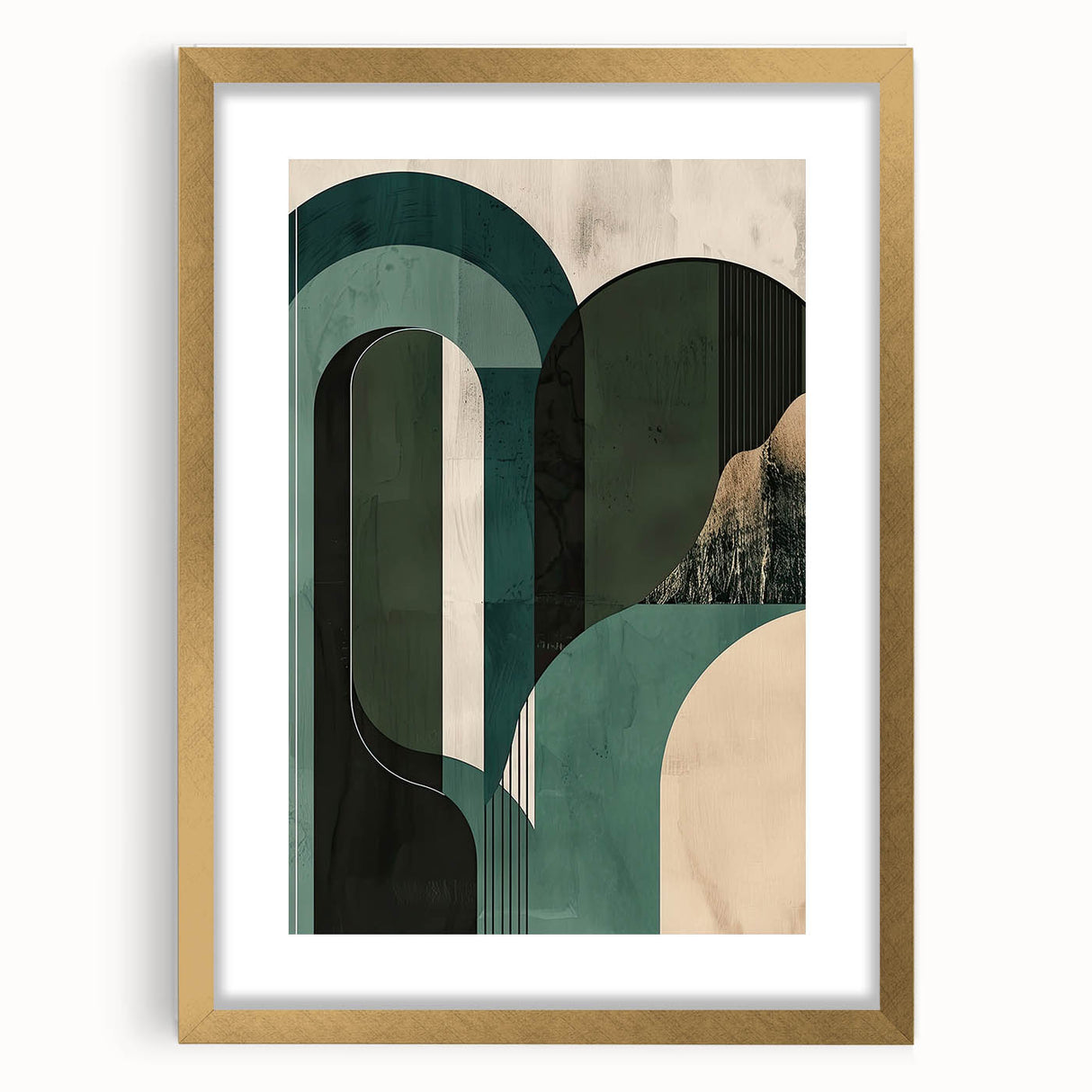 Abstract minimalist wall art framed in gold with a mat, showcasing soft pastel colors and geometric shapes, perfect for modern home decor.