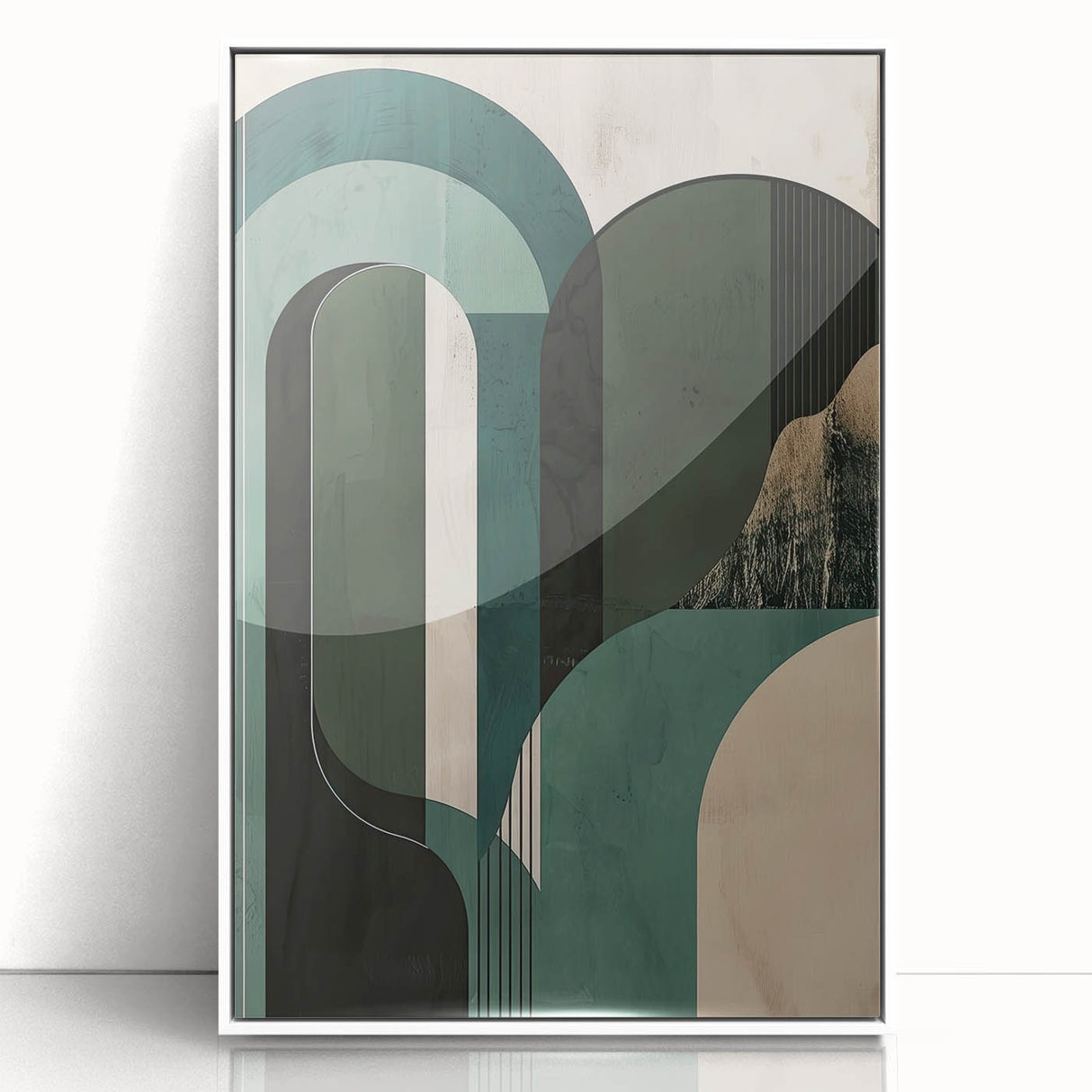 Framed minimalist wall art design featuring abstract shapes in soft tones of white and beige, displayed from a front view, perfect for modern home decor.