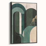 Abstract minimalist wall art design featuring a black-framed canvas with geometric shapes and soothing colors, ideal for modern home decor and aesthetic enhancement.