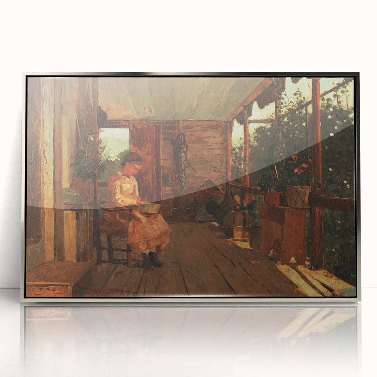 Realism Art Canvas: Girl Shelling Peas on a Porch Realism Wall Art