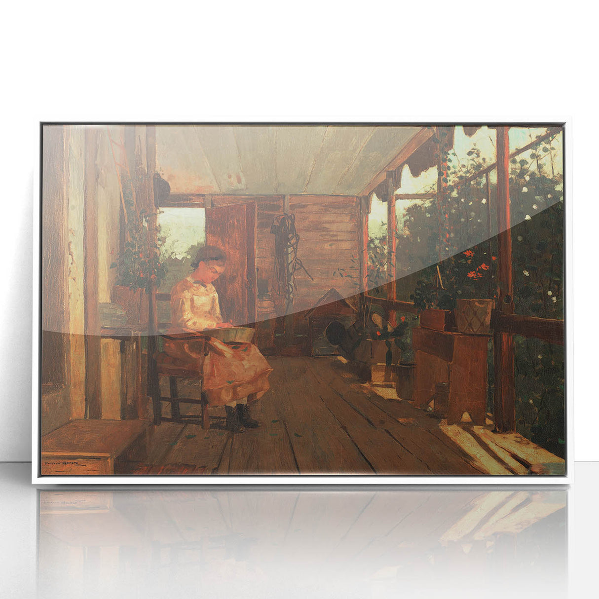 Realism Art Canvas: Girl Shelling Peas on a Porch Realism Wall Art