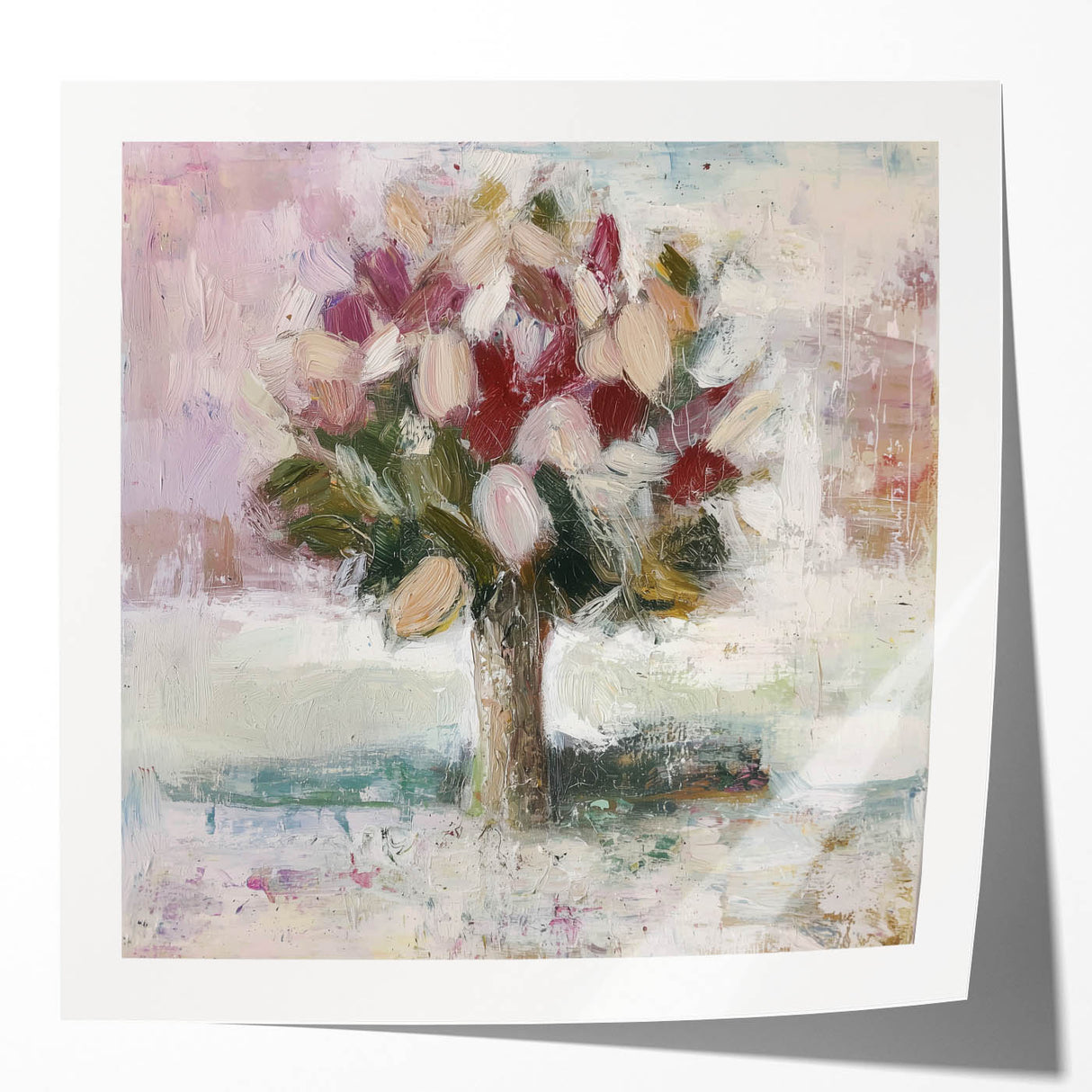 Abstract floral design print featuring vibrant colors and intricate patterns, displayed in a glossy finish, perfect for modern home decor and artistic settings.