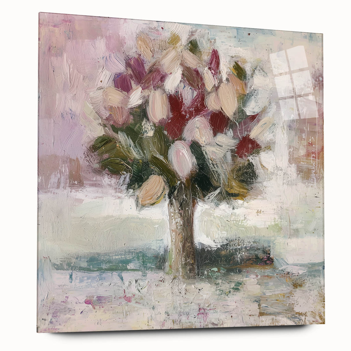 Abstract floral acrylic glass artwork showcasing vibrant colors and intricate designs, displayed in a side view without pins, ideal for modern home decor.