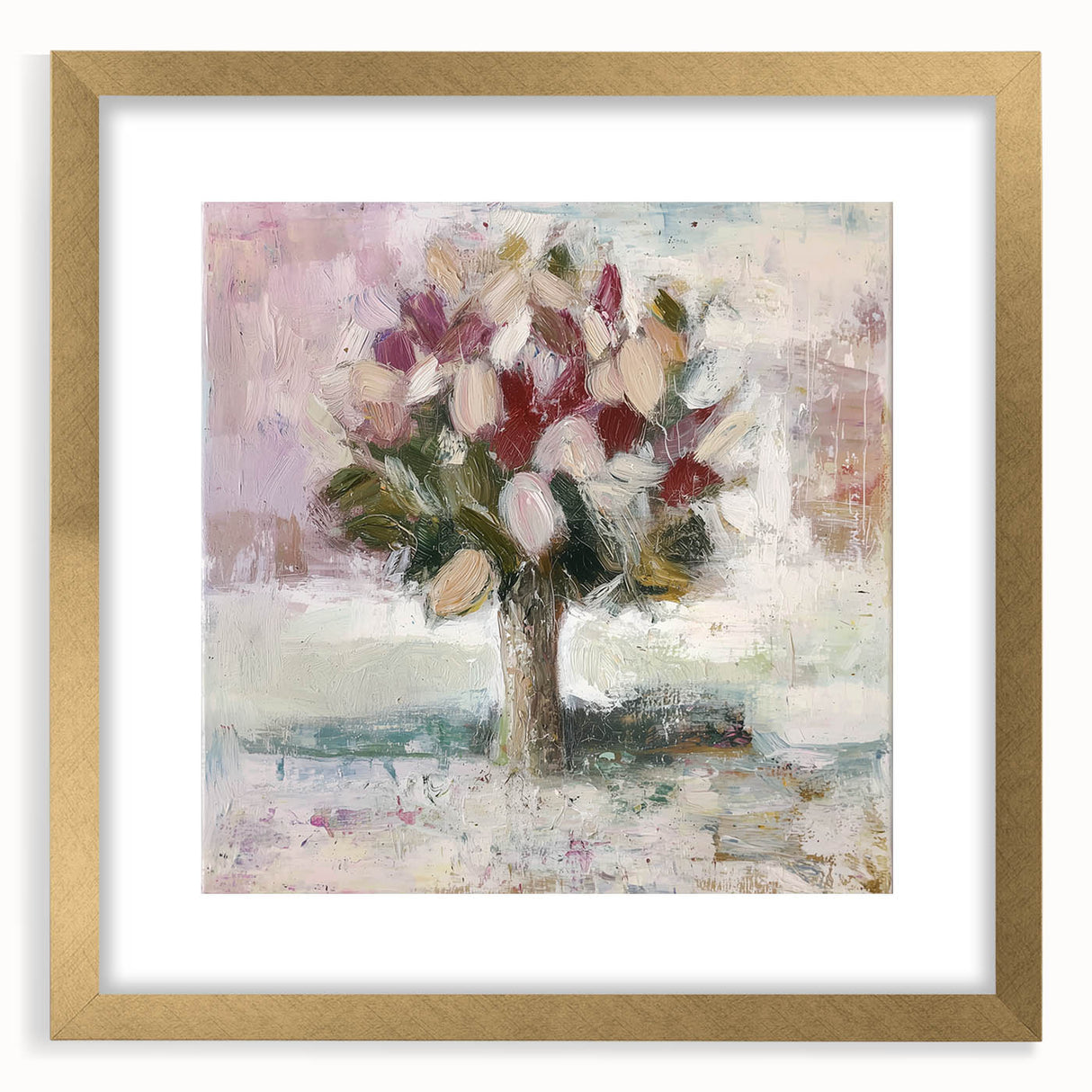 Abstract floral frame with a gold mat, showcasing vibrant colors and intricate designs, perfect for enhancing home decor with a touch of elegance and creativity.