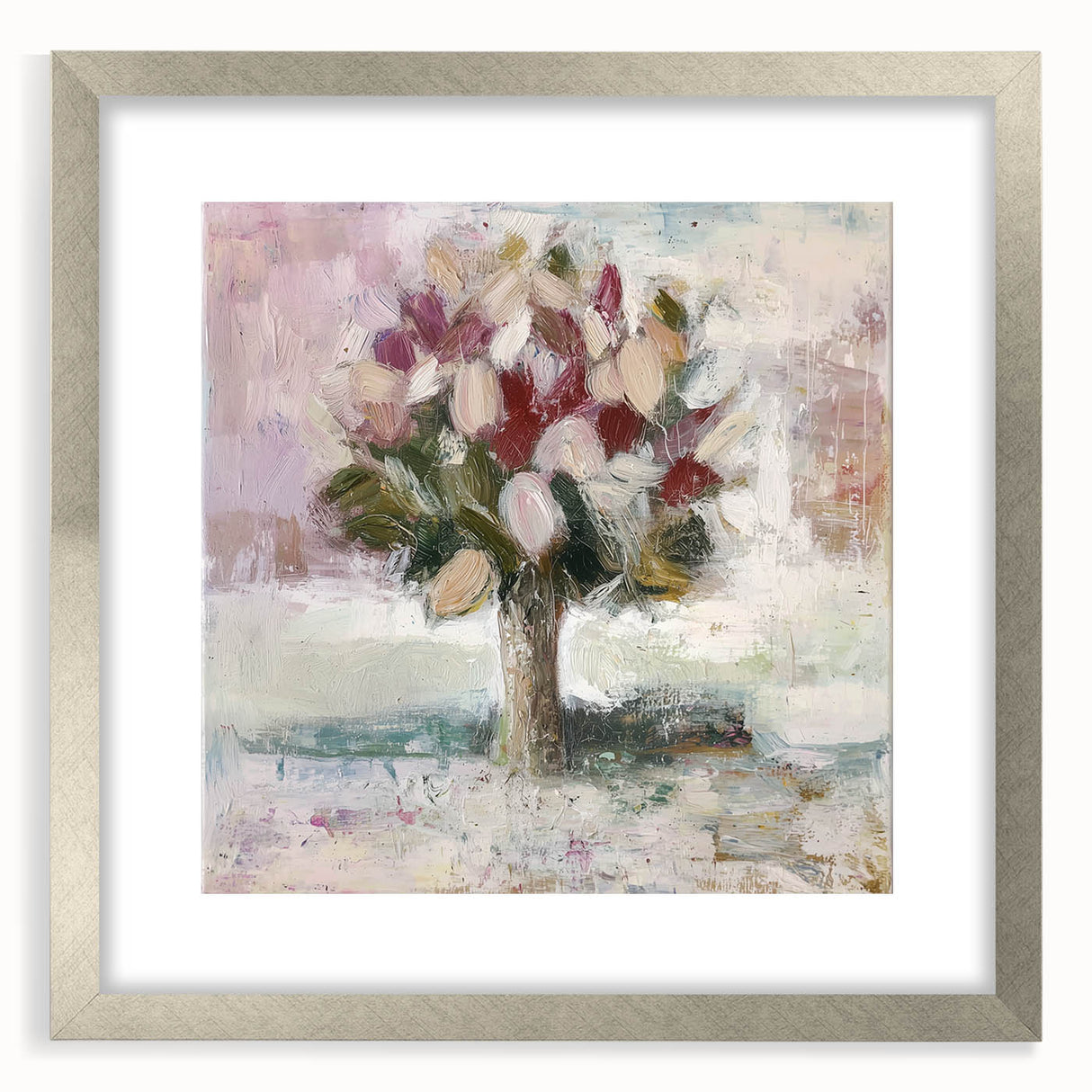 Abstract floral frame with a silver mat, showcasing vibrant colors and intricate patterns, perfect for modern home decor or art displays. Ideal for adding elegance to any space.