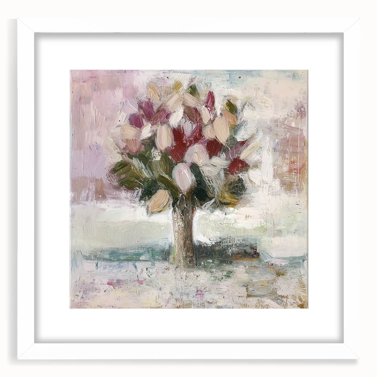 Abstract floral art frame in a white mat, showcasing vibrant colors and intricate designs, ideal for home decor or artistic display. Perfect for adding elegance to any space.