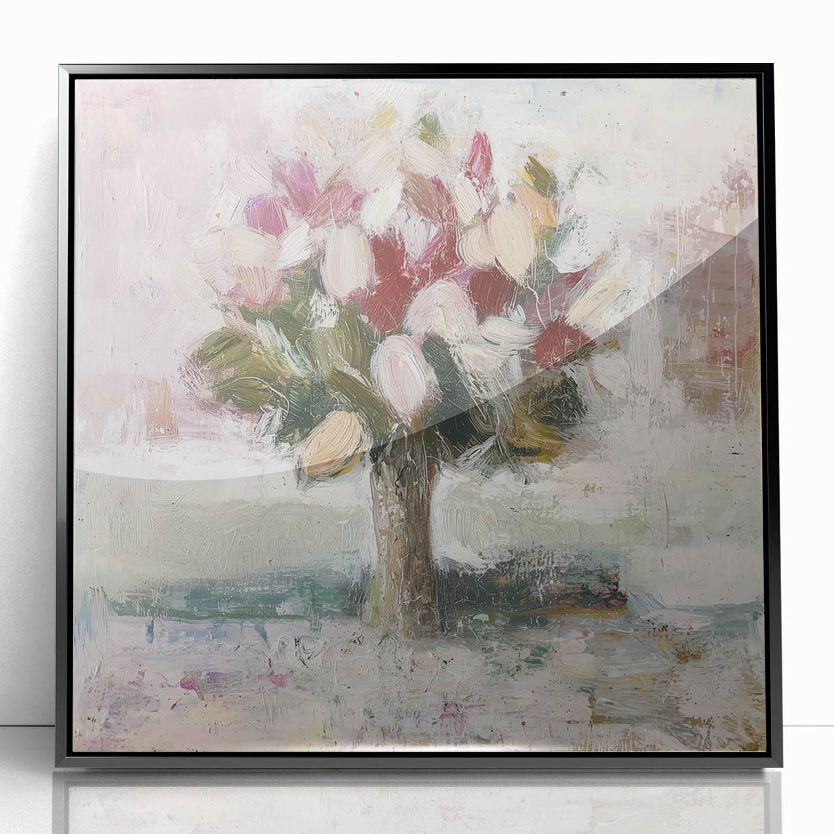 Framed acrylic artwork featuring abstract floral designs in vibrant colors, set against a sleek black frame, ideal for modern home decor and art enthusiasts.