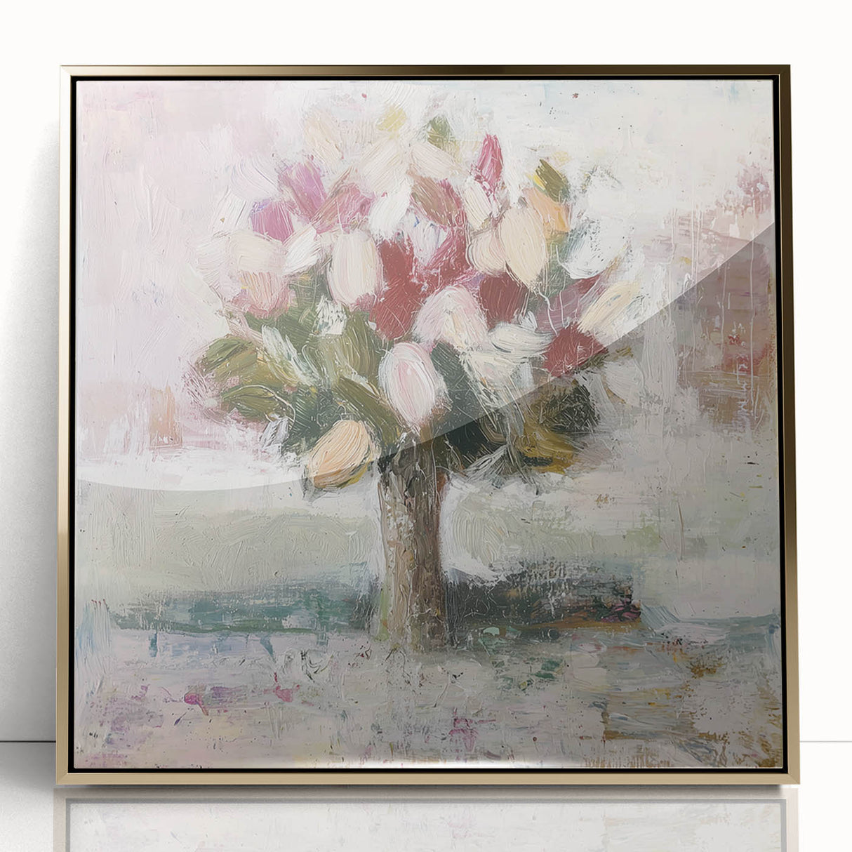 Framed acrylic artwork featuring an abstract floral design in vibrant colors, set against a gold background, perfect for modern home decor.