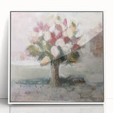 Framed acrylic artwork showcasing vibrant abstract florals in a white frame, perfect for modern home decor. Ideal for adding a colorful touch to any interior space.