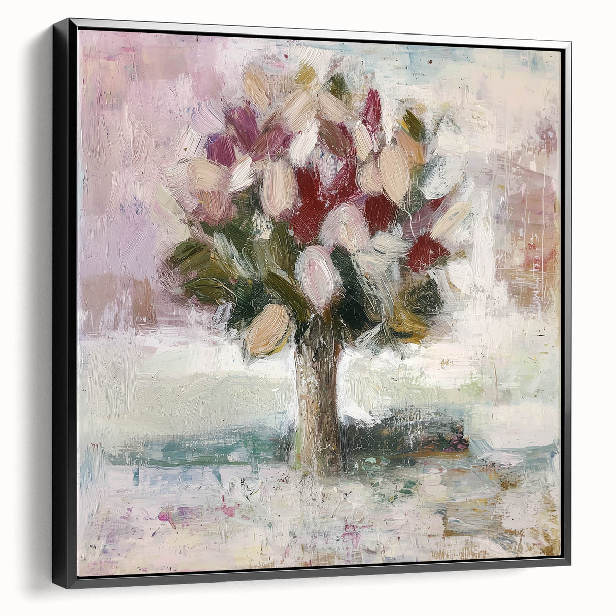 Framed canvas artwork showcasing abstract floral designs with vibrant colors and intricate details, set against a sleek black frame, enhancing modern decor.
