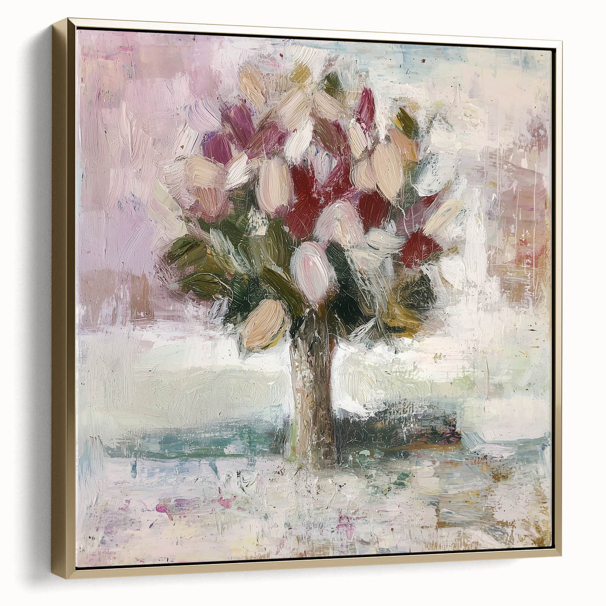Framed canvas artwork featuring an abstract floral design in silver and gold tones, showcasing intricate details and vibrant colors, perfect for modern home decor.