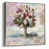 Framed canvas artwork showcasing abstract floral design in vibrant colors, highlighted by a sleek silver frame, perfect for modern home decor.