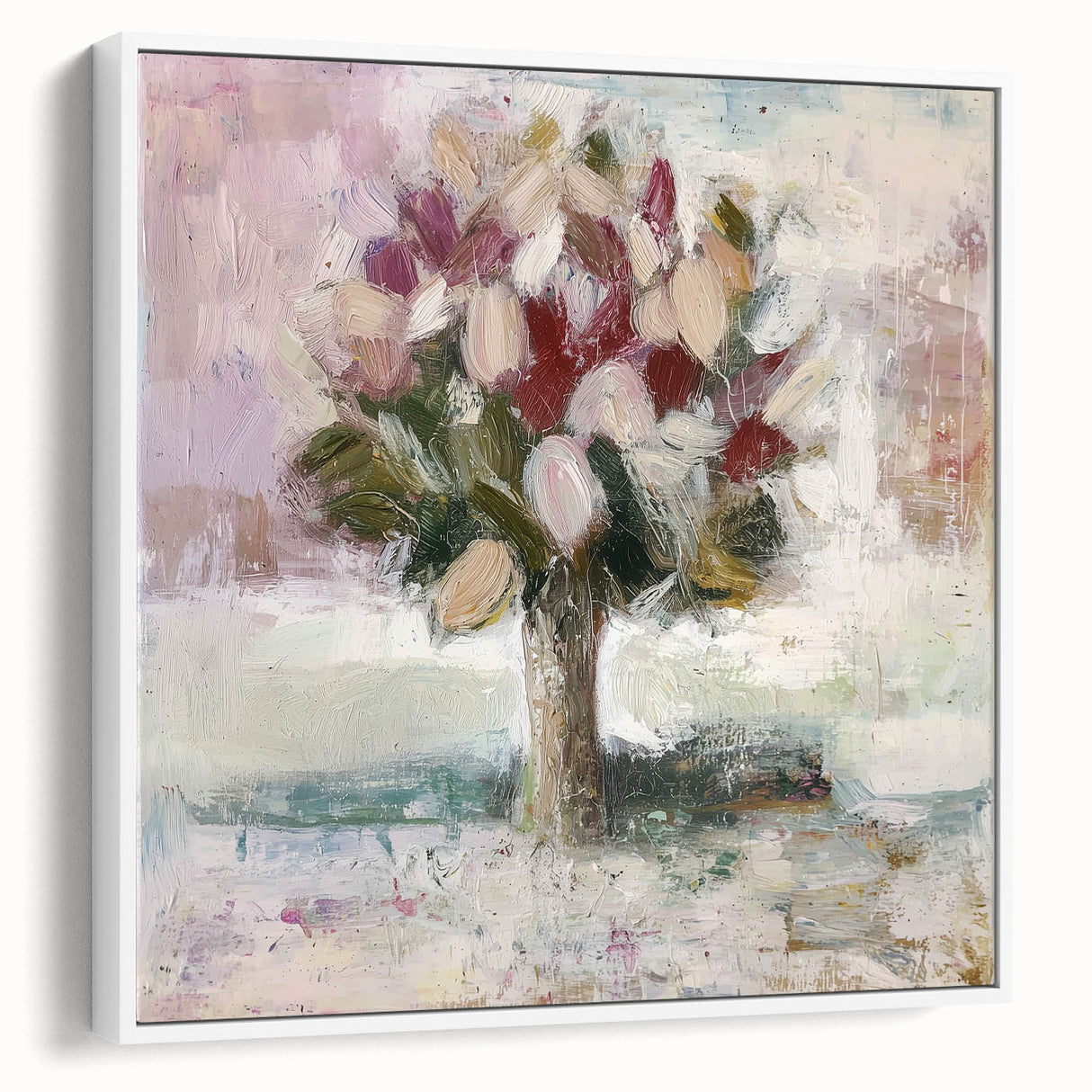 Framed canvas artwork showcasing abstract floral designs in vibrant colors, set against a white background, highlighting modern decor aesthetics. Ideal for enhancing home interiors.