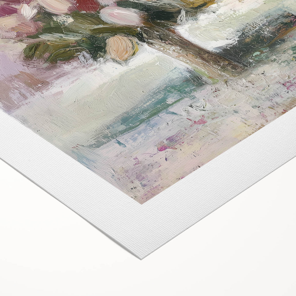 Abstract floral design on rolled canvas, showcasing vibrant colors and intricate patterns, ideal for home decor. Packaged securely in a sturdy cardboard tube for safe shipping.