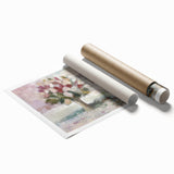 Abstract floral rolled print showcasing vibrant colors and intricate designs, elegantly packaged in a protective cardboard tube, ideal for home decor or gifting.
