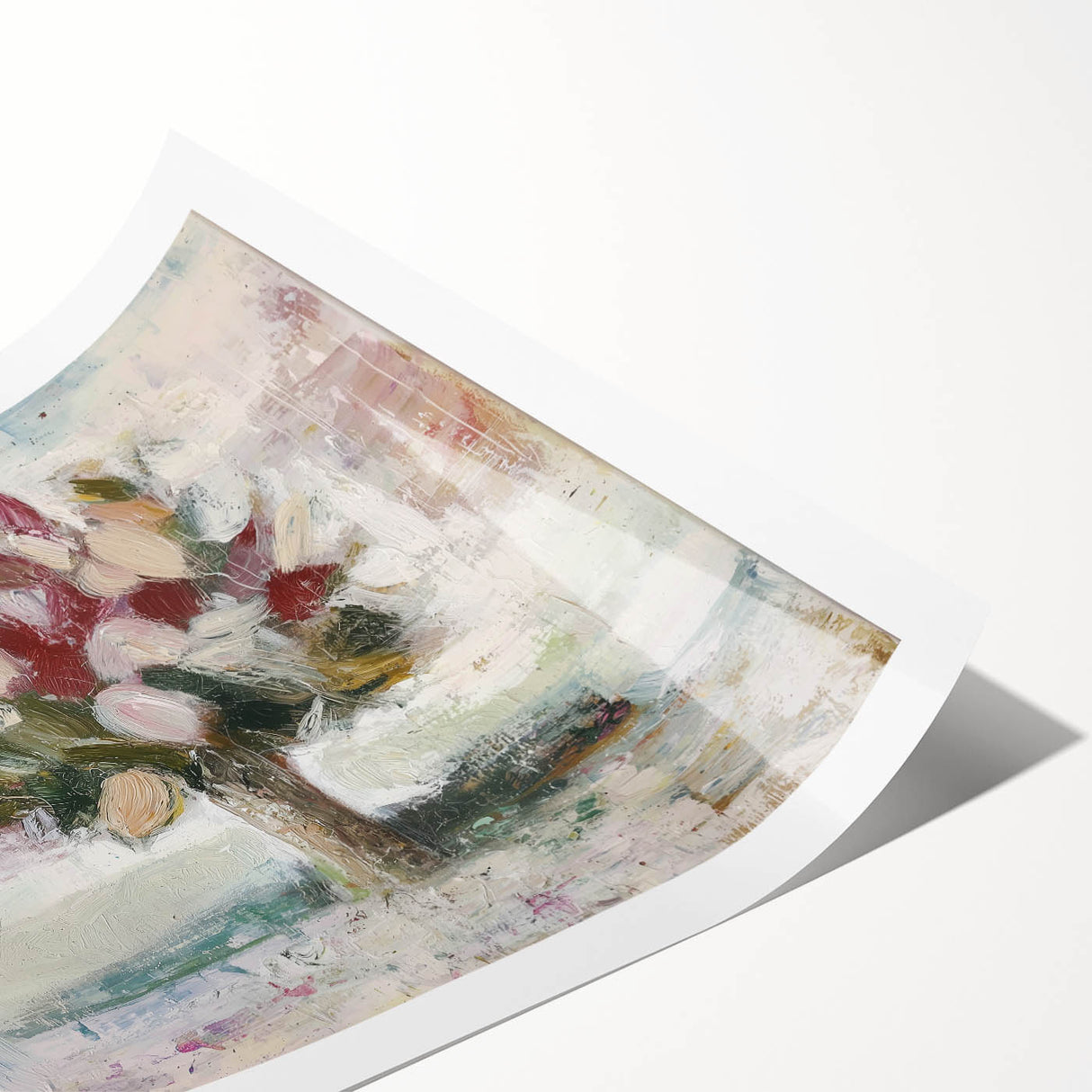 Abstract floral design printed on rolled canvas, showcasing vibrant colors and intricate patterns. Ideal for modern home decor, shipped securely in a protective tube.