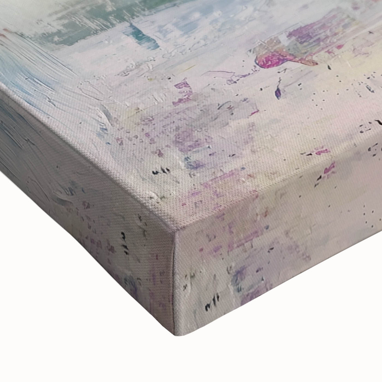 Close-up of an abstract floral stretched canvas artwork showcasing vibrant colors and intricate details, ideal for modern home decor and artistic displays.
