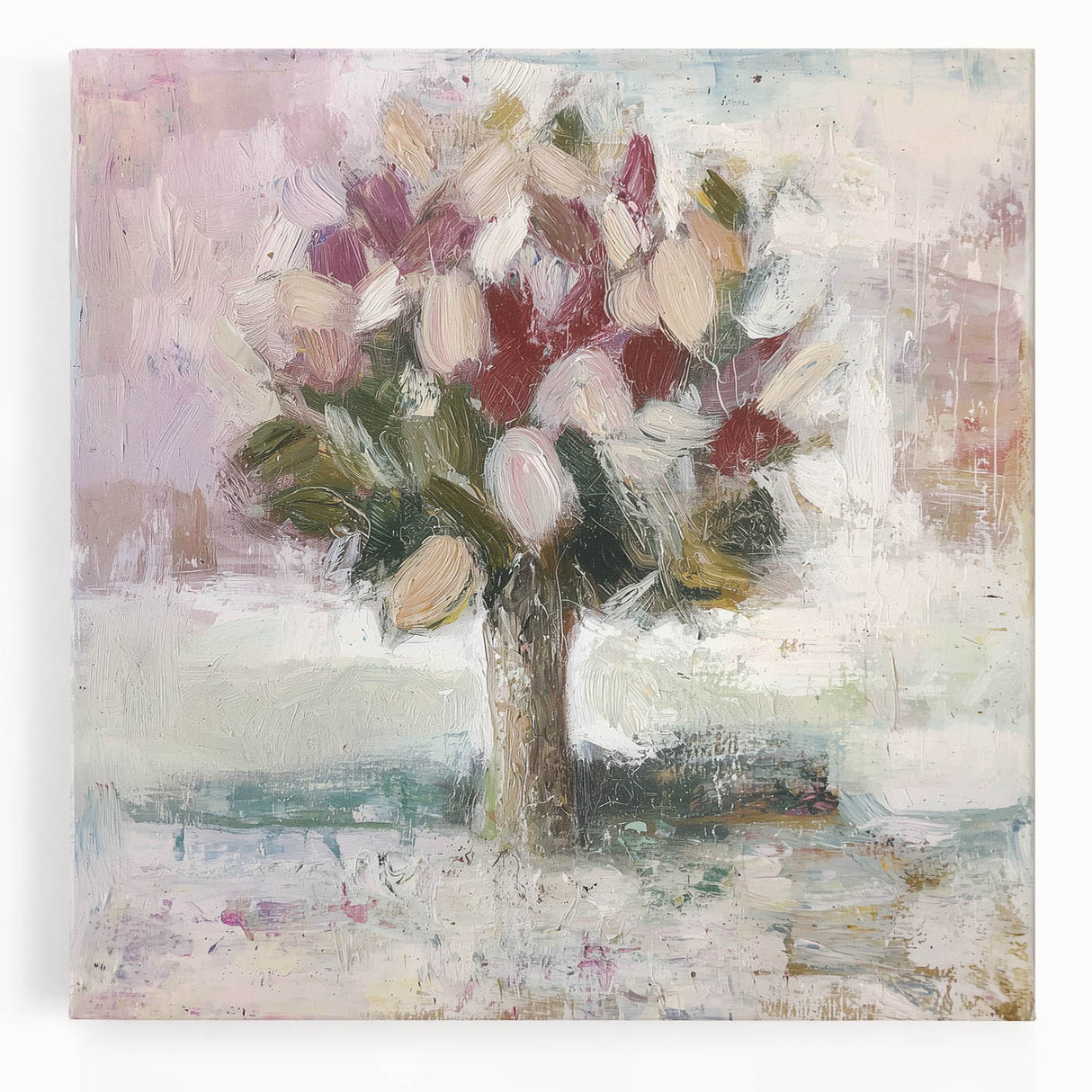 Abstract floral stretched canvas artwork showcasing vibrant colors and intricate patterns, ideal for modern home decor, enhancing any room's aesthetic appeal.