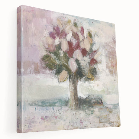 Abstract floral stretched canvas artwork, showcasing vibrant colors and intricate patterns, displayed from a side view, perfect for modern home decor.